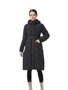 Matte at Lacquer Mixed Long Puffer Coat na may Detachable Hood at Adjustable Belt