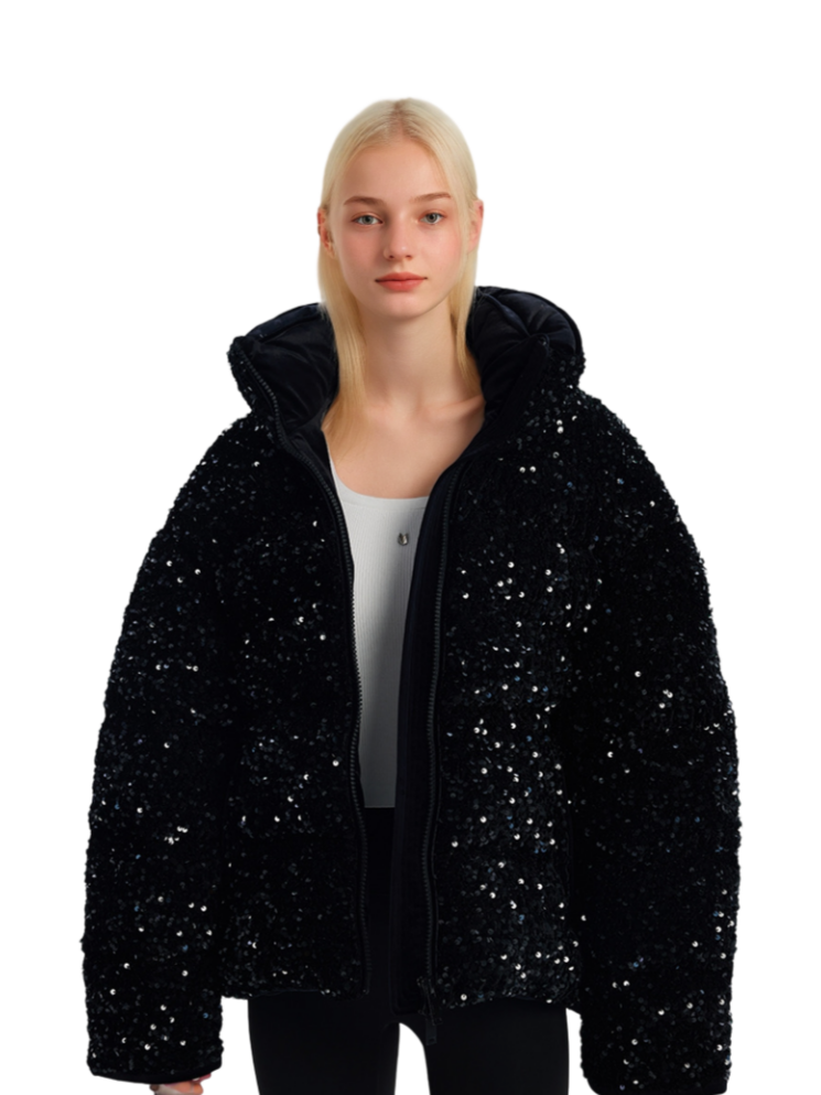 Women's Velvet Sequin High-end Down Jacket-Winter New Mid-Length Stand Collar, Loose Fit Goose Down
