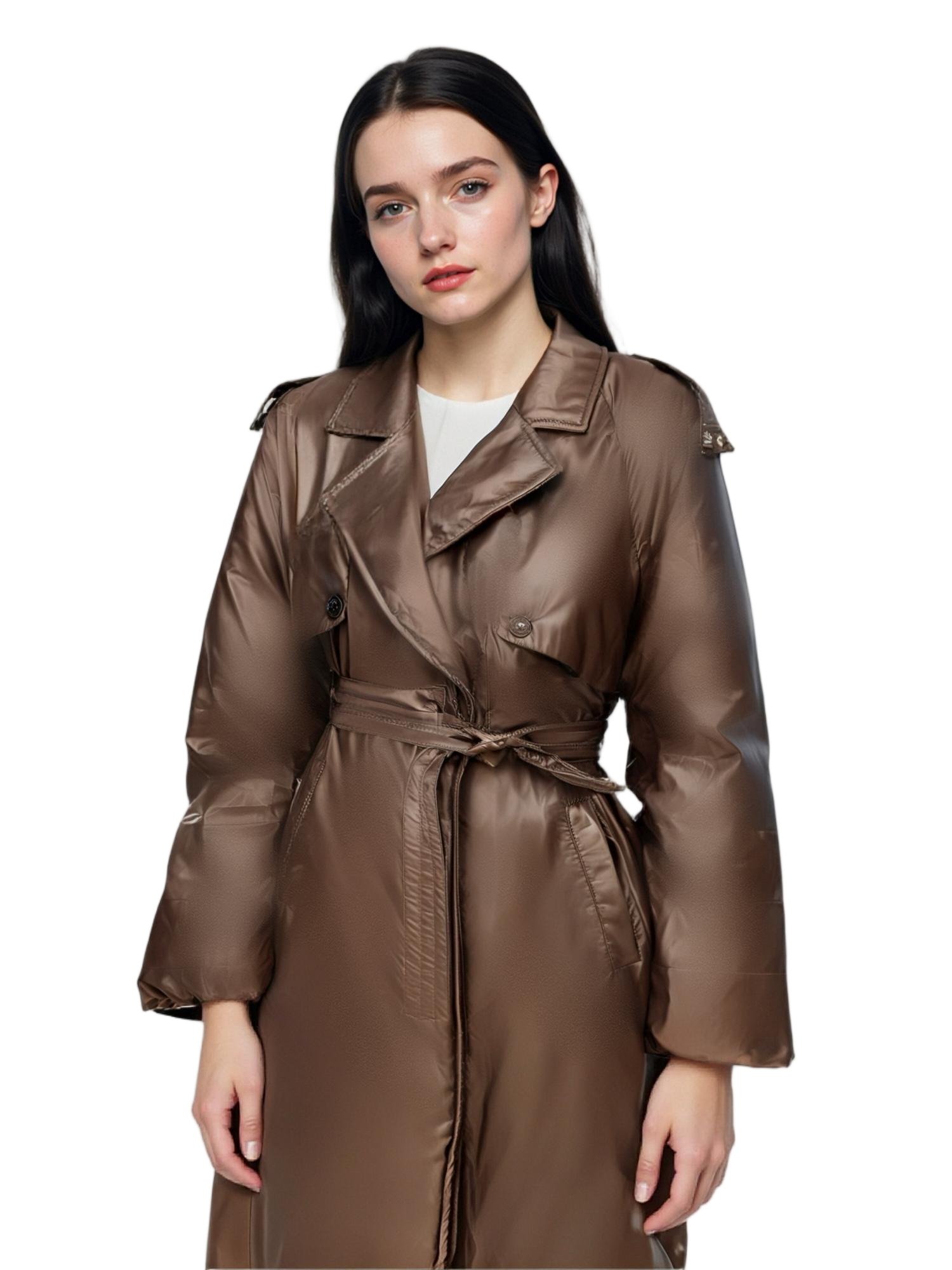 Koti ya Satin ya Long Trench yenye Kola ya Blazer & Mkanda Unaobadilika