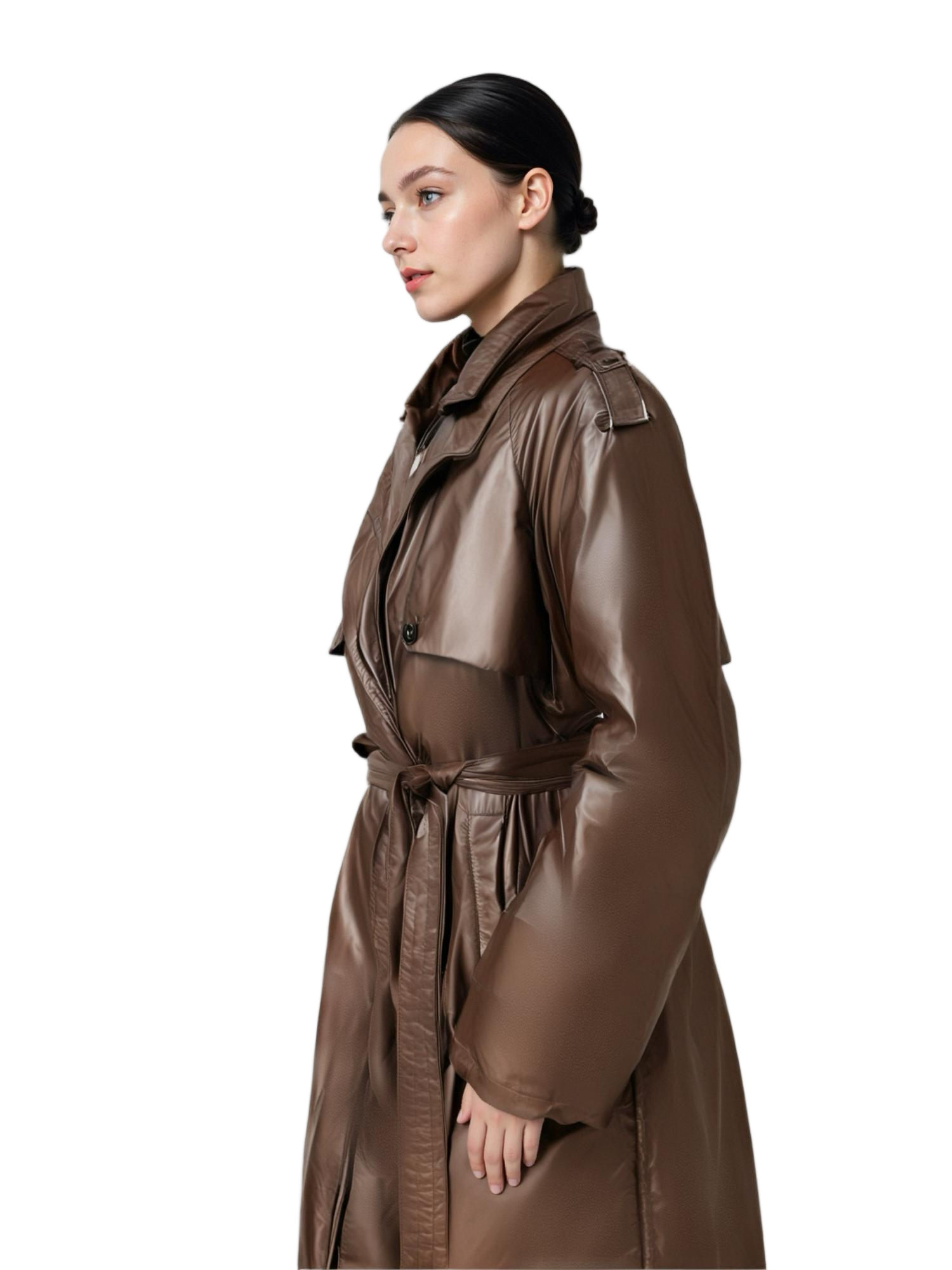 Koti ya Satin ya Long Trench yenye Kola ya Blazer & Mkanda Unaobadilika