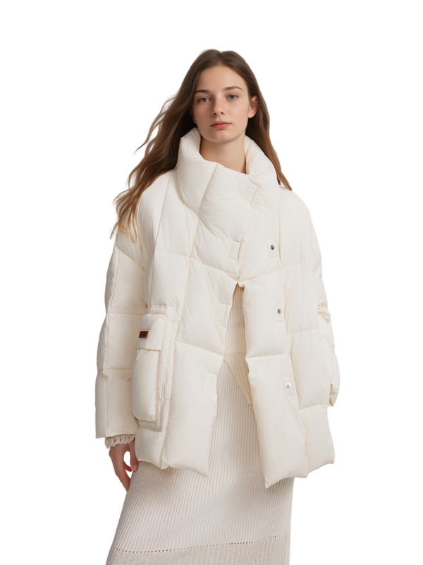 White Duck Down Cream White Stand Collar Down Jacket pro ženy – nov&eacute; zimn&iacute; m&oacute;dn&iacute; svrchn&iacute; oblečen&iacute; pro drobn&eacute; postavy