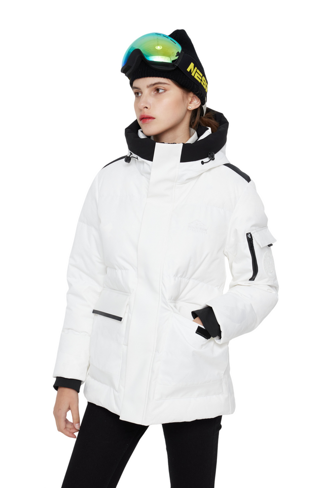 SKI เสื้อแจ็คเก็ตปักเป้าสตรีแบบหนามีเชือกรูดแบบสั้น