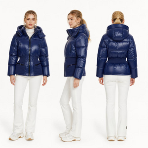 Piumino da donna blu scuro con vita a coste: cappuccio staccabile e nylon resistente all'acqua