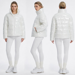 Jacket ya Wanawake ya Uzito Kubwa ya Sequin Puffer: Stand-Collar & Lightweight Fake Down