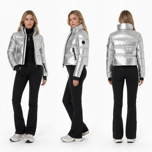 Metallic ski-jack voor dames – waterdicht ge&iuml;soleerd zilverkleurig sneeuwjack voor wintersport