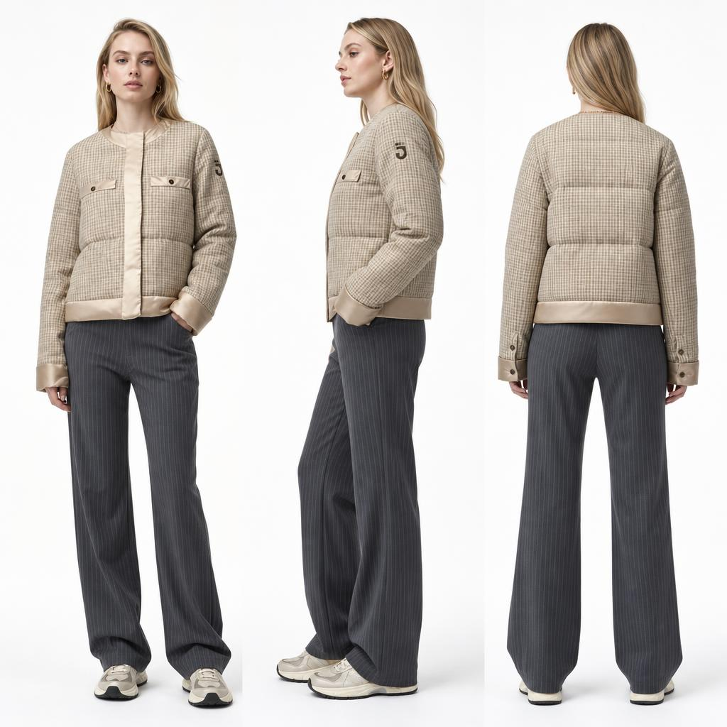 Jaket Tambal Sulam Nilon Mutiara Tweed Krem: Kancing Tersembunyi Wanita & Quilting Horizontal Ringan