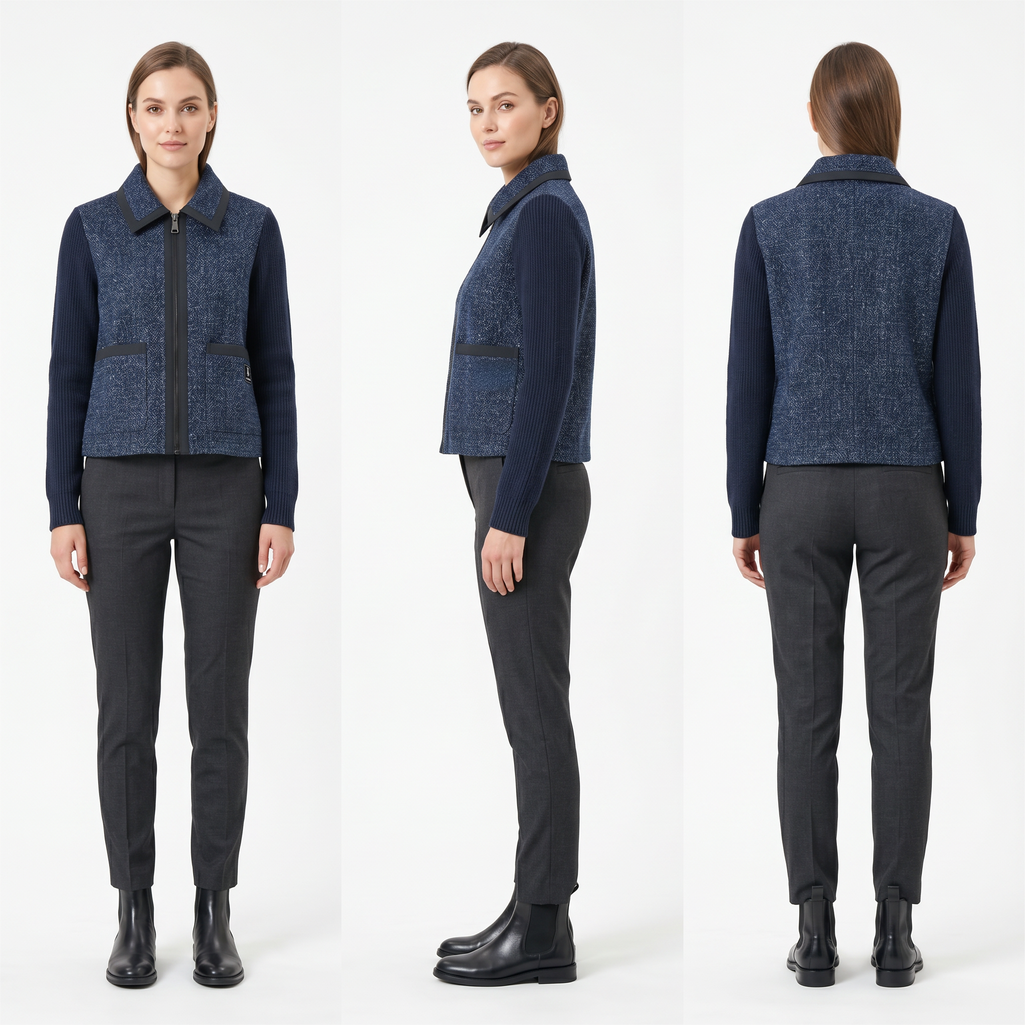 Op Parijs ge&iuml;nspireerd hybride tweed-gebreid jack – waterafstotend, contrasterende binding, op maat gemaakt kort silhouet