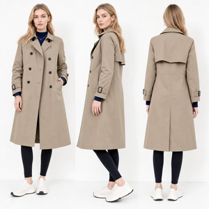 Klassischer langer Trenchcoat aus Twill-Satin-Patchwork in Khaki: Satinfalten auf der R&uuml;ckseite f&uuml;r Damen und verstellbare Manschetteng&uuml;rtel
