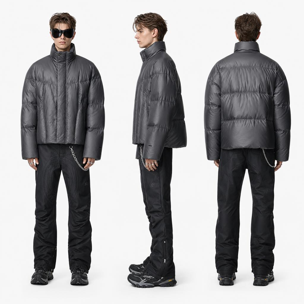 S&oslash;lvgr&aring; asymmetrisk pufferdunjakke for menn: vindtett polyester og justerbar passform