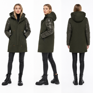 Mantel Parka Panjang Midi Campuran Matte & Lacquer dengan Saku Lengan Kiri